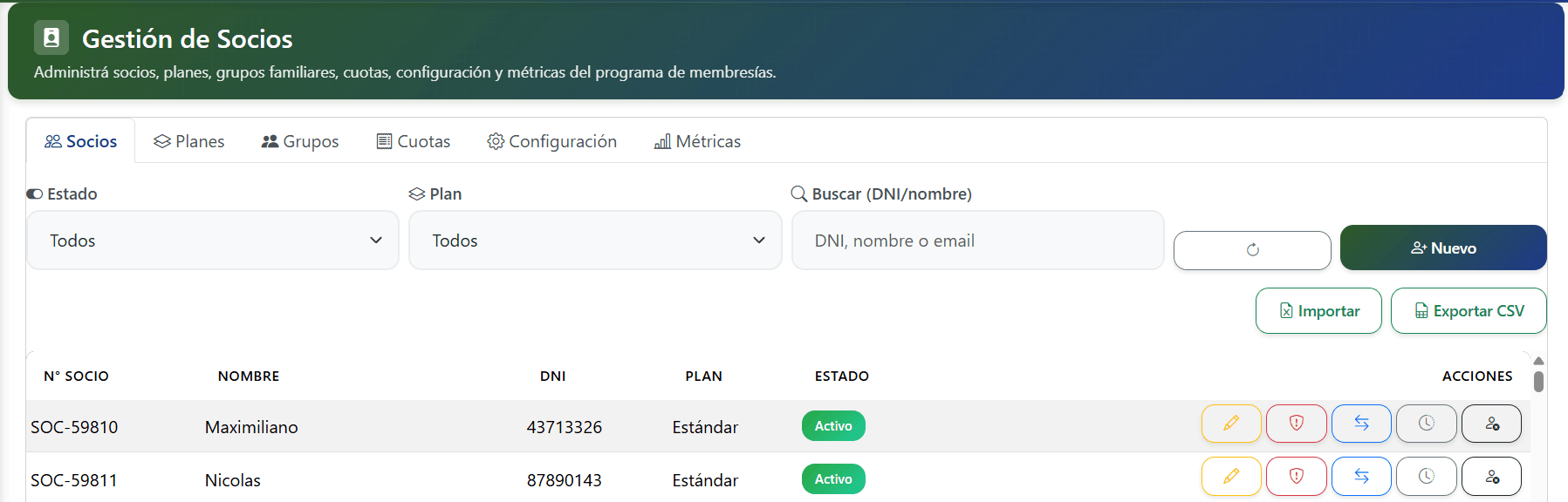 Programa de socios con membresías y cuotas
