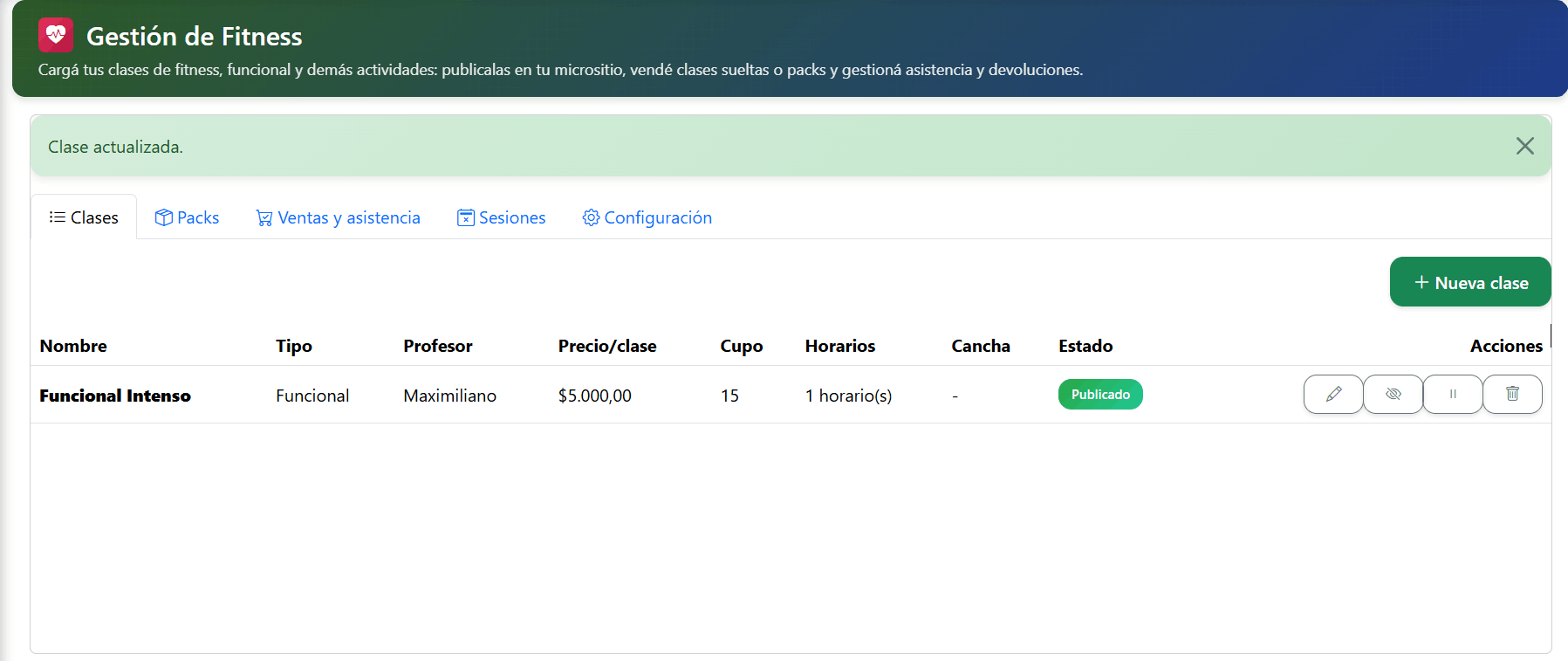 Gestión de clases de fitness y packs
