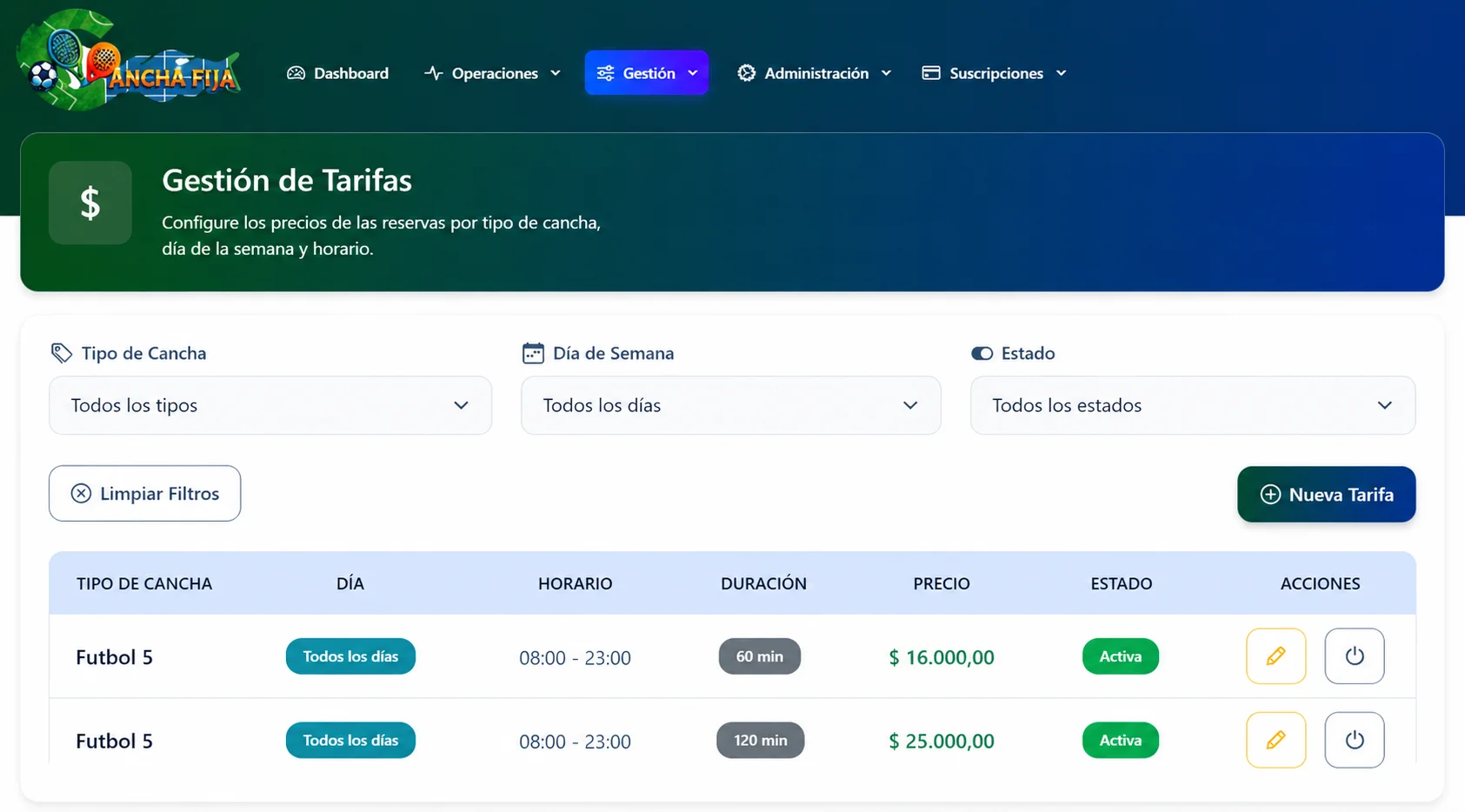 Configuración de tarifas por cancha